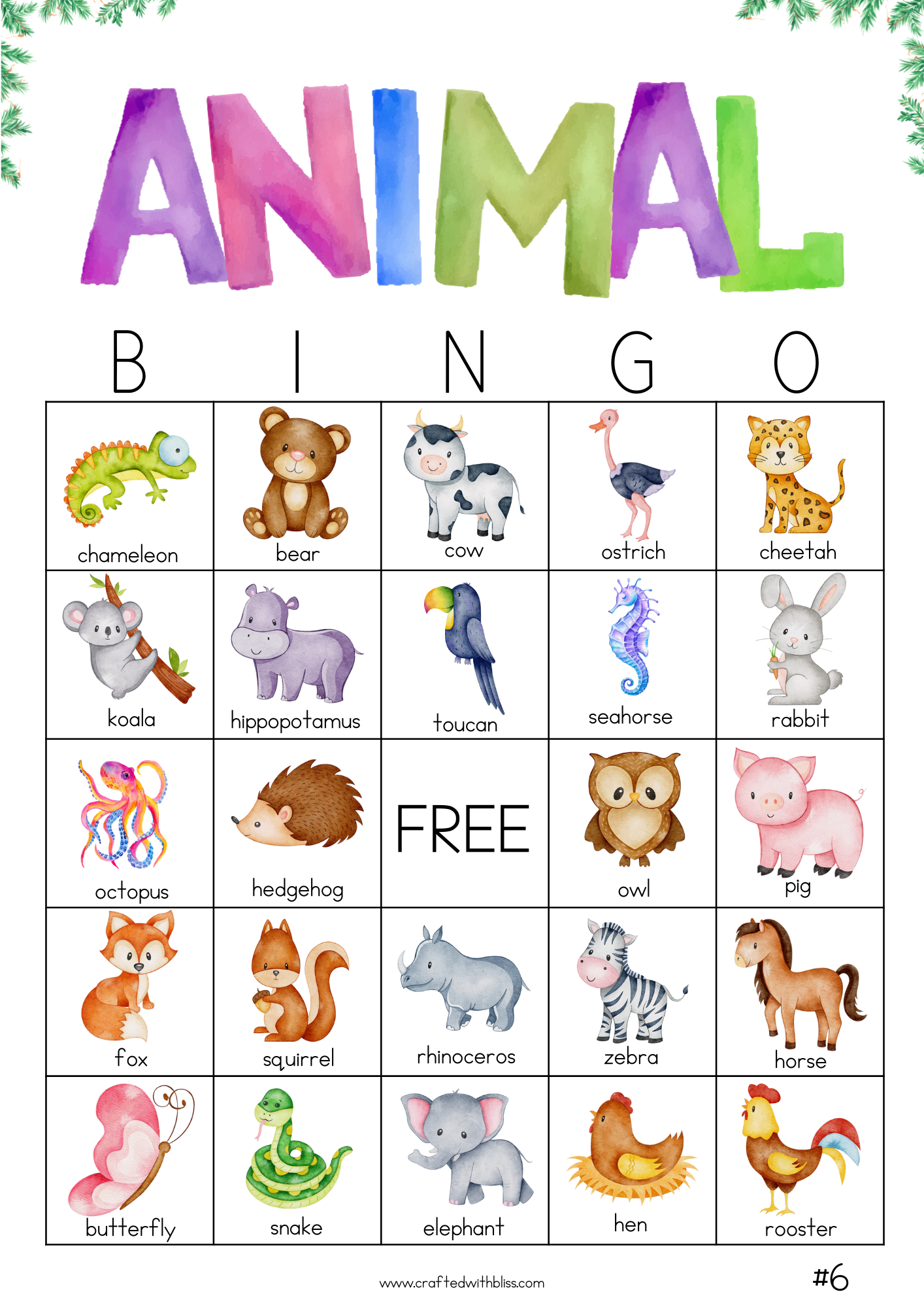 50 Watercolor Animal Bingo Cards (5x5)