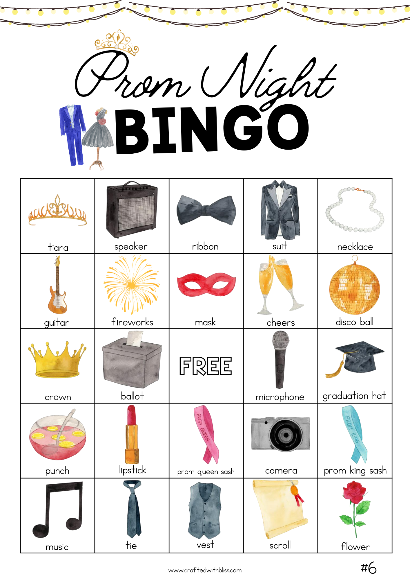 50 Prom Night Party Bingo Cards (5x5)