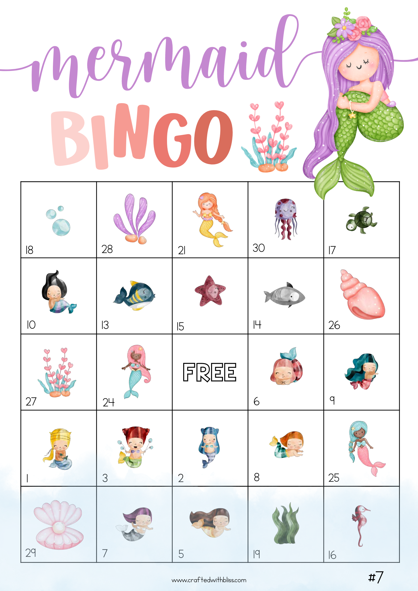 50 Mermaid Bingo Cards (5x5)