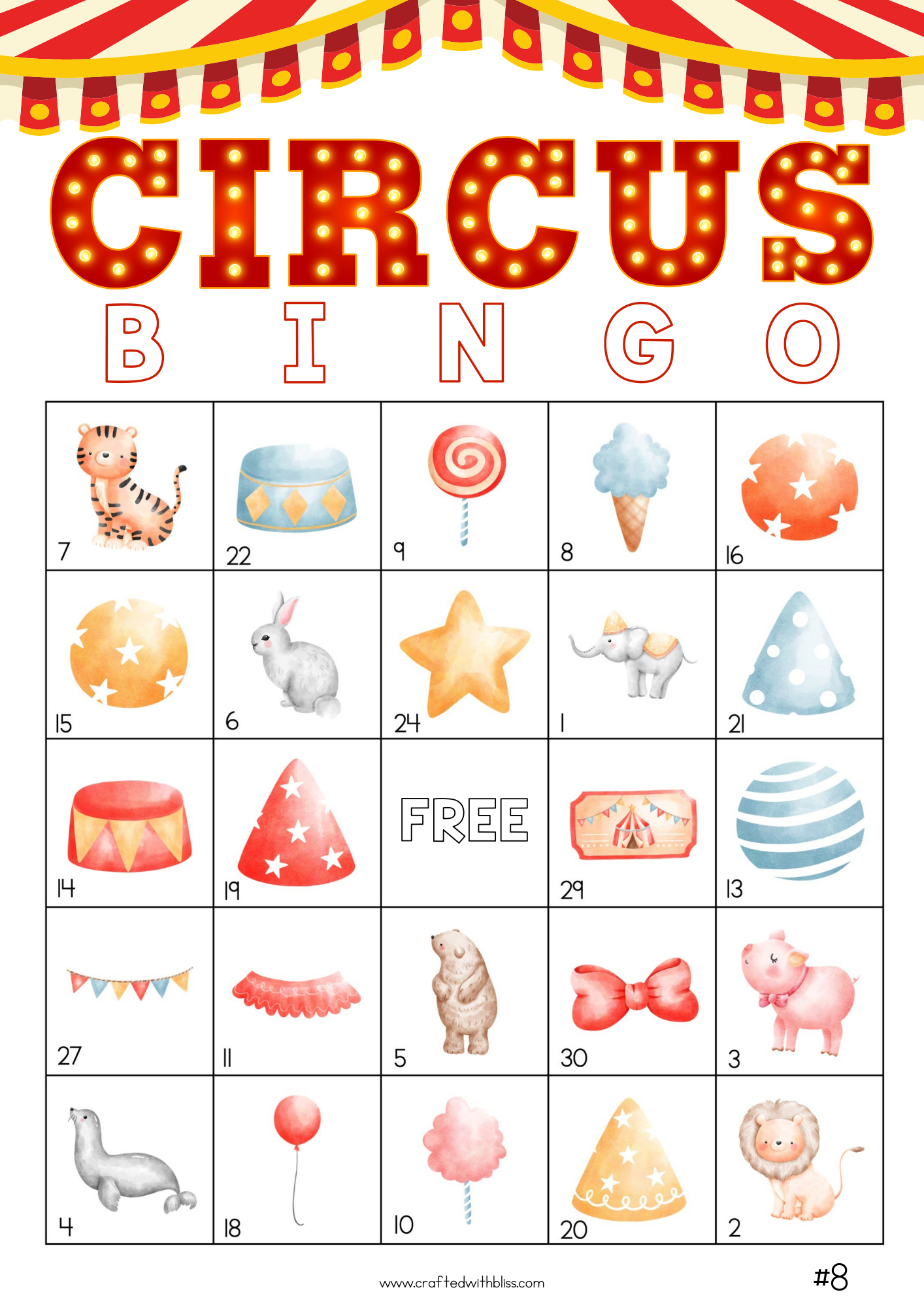 50 Circus Bingo Cards (5x5)