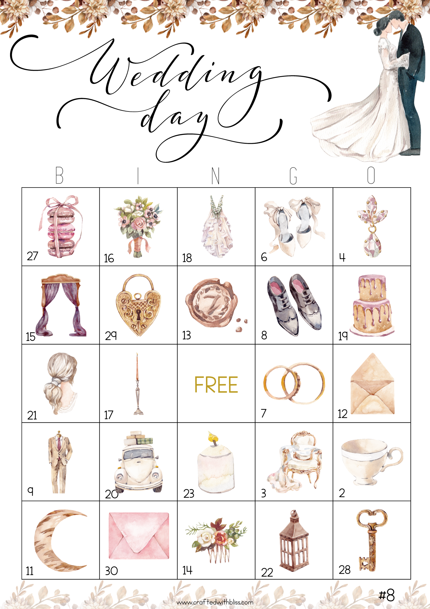 50 Vintage Wedding Bingo Cards (5x5)
