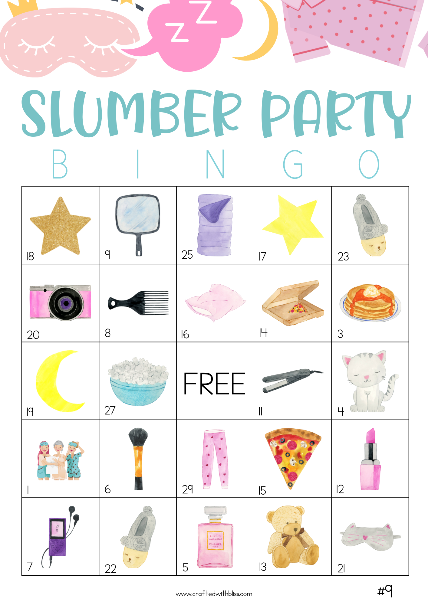 50 Slumber Party Bingo Cards (5x5)