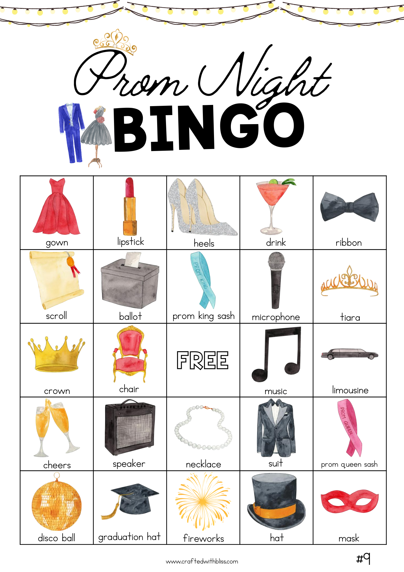 50 Prom Night Party Bingo Cards (5x5)