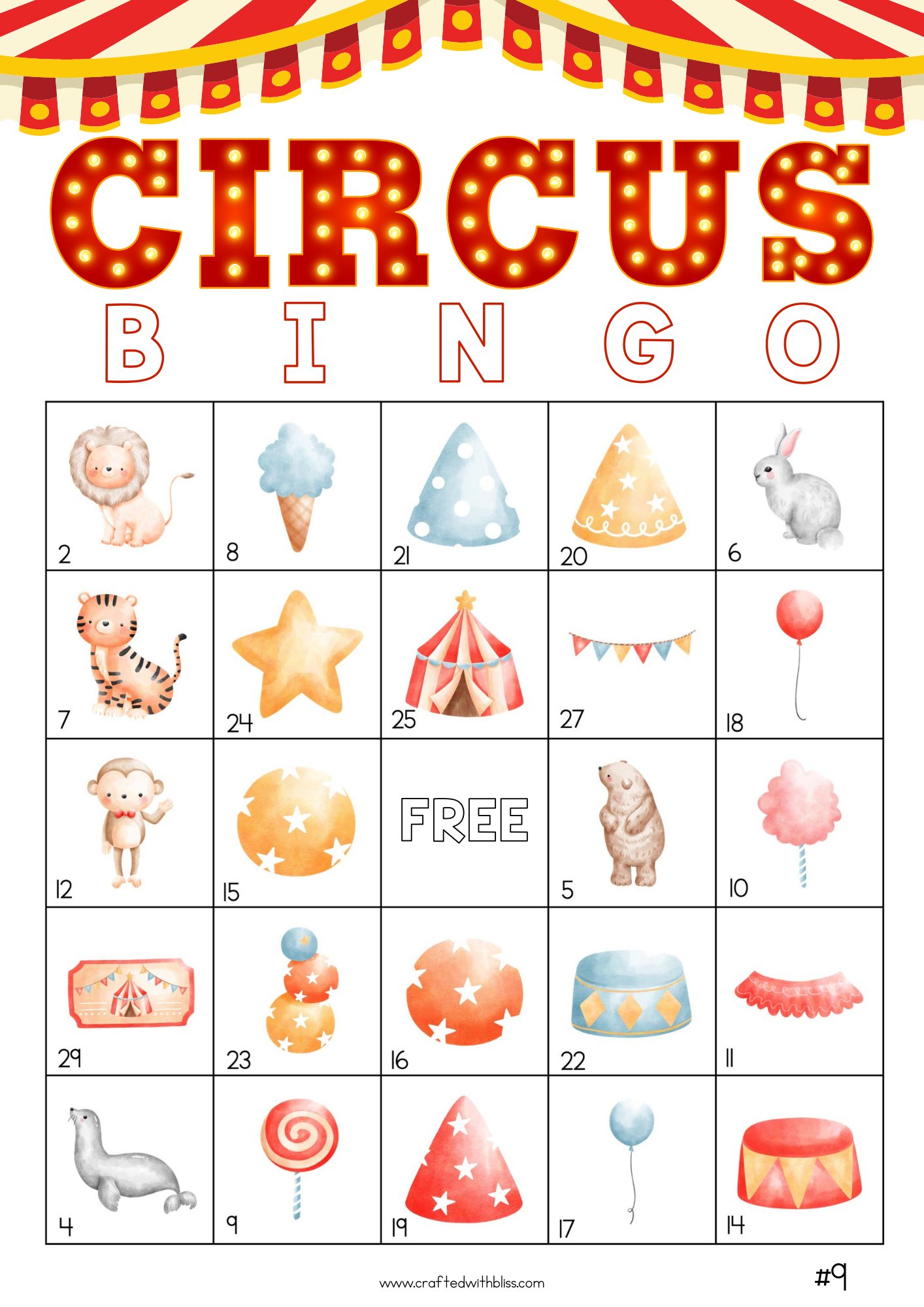 50 Circus Bingo Cards (5x5)