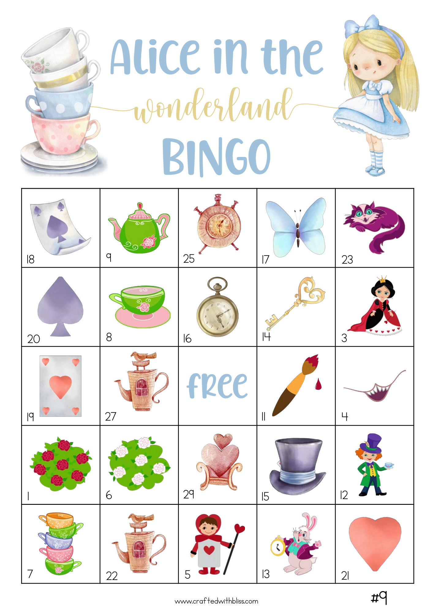 50 Alice in the Wonderland Bingo Cards (5x5)