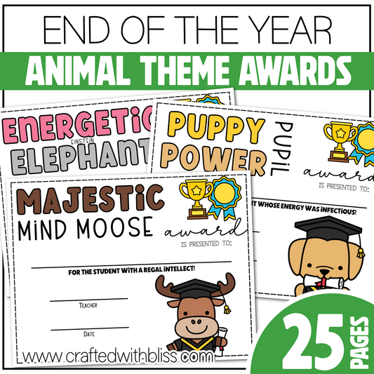 Editable End of the Year Awards Classroom Certificate Animal Theme