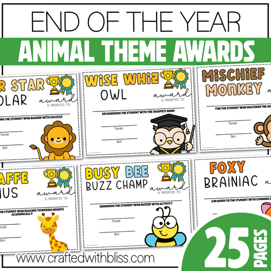 Editable End of the Year Awards Classroom Certificate Animal Theme