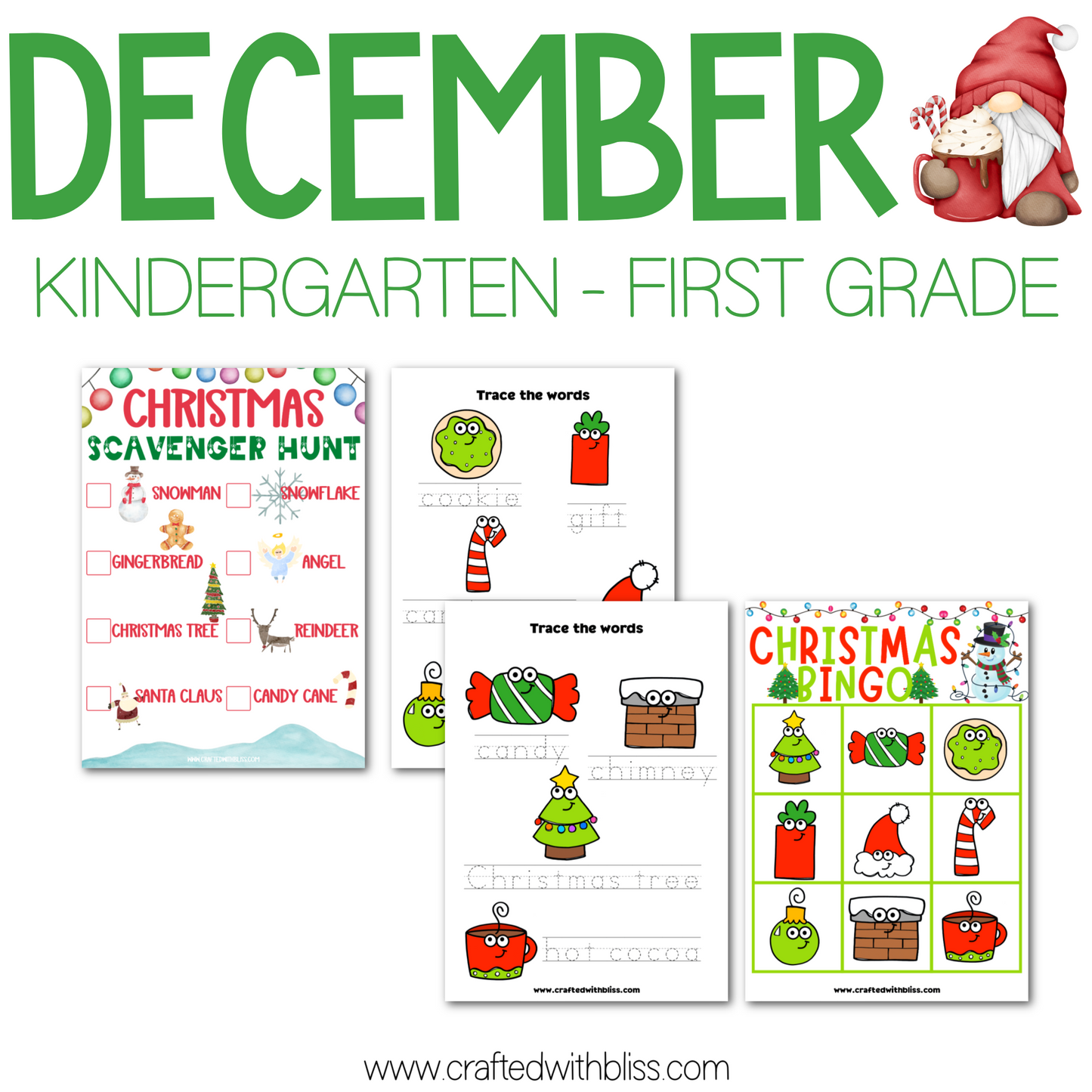 December Christmas Kindergarten - First Grade Activities Super Bundle, Christmas Party Classroom Games and Activities BINGO Cards Game Night