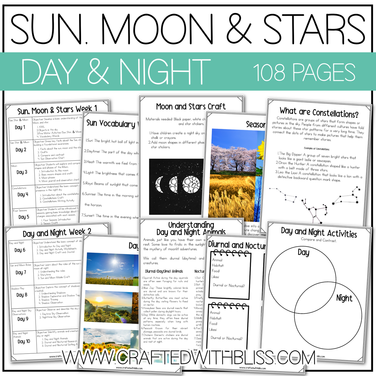 Sun, Moon & Stars Day and Night Science K-2 Worksheet Activity 2 Week Plan