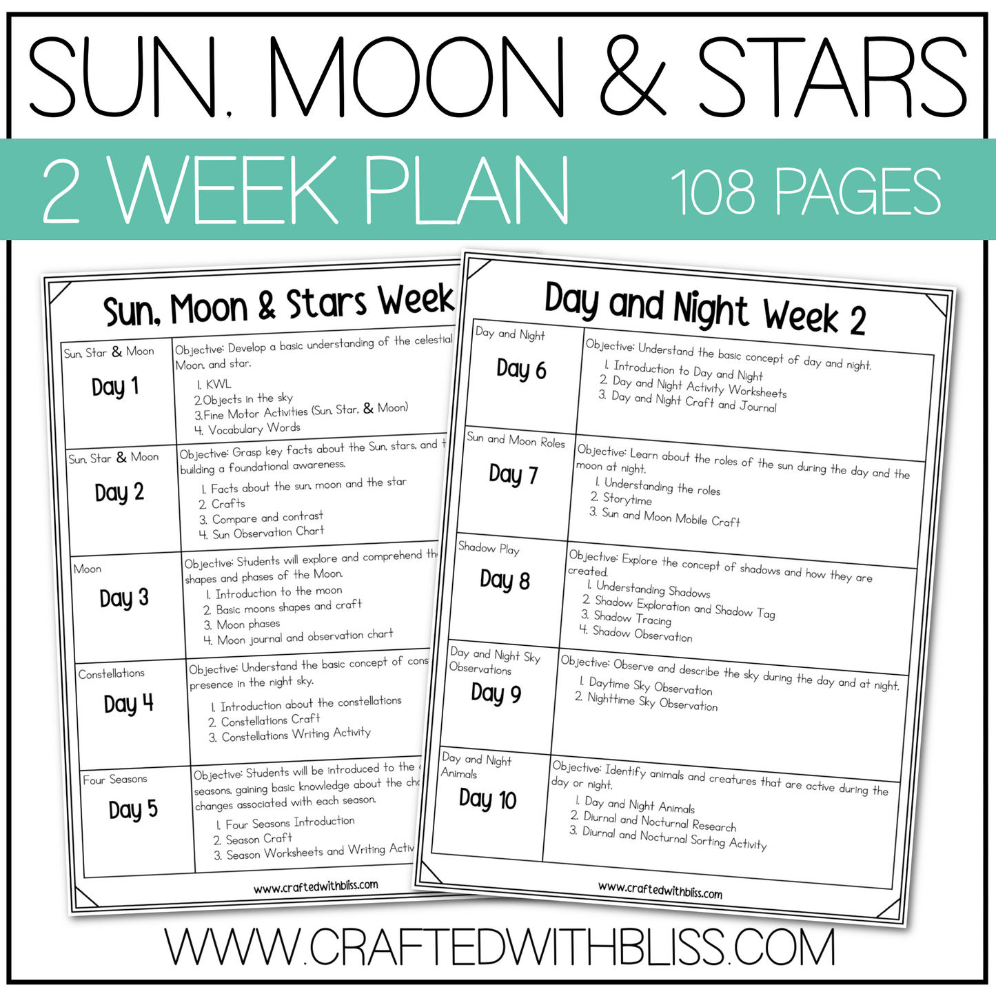 Sun, Moon & Stars Day and Night Science K-2 Worksheet Activity 2 Week Plan