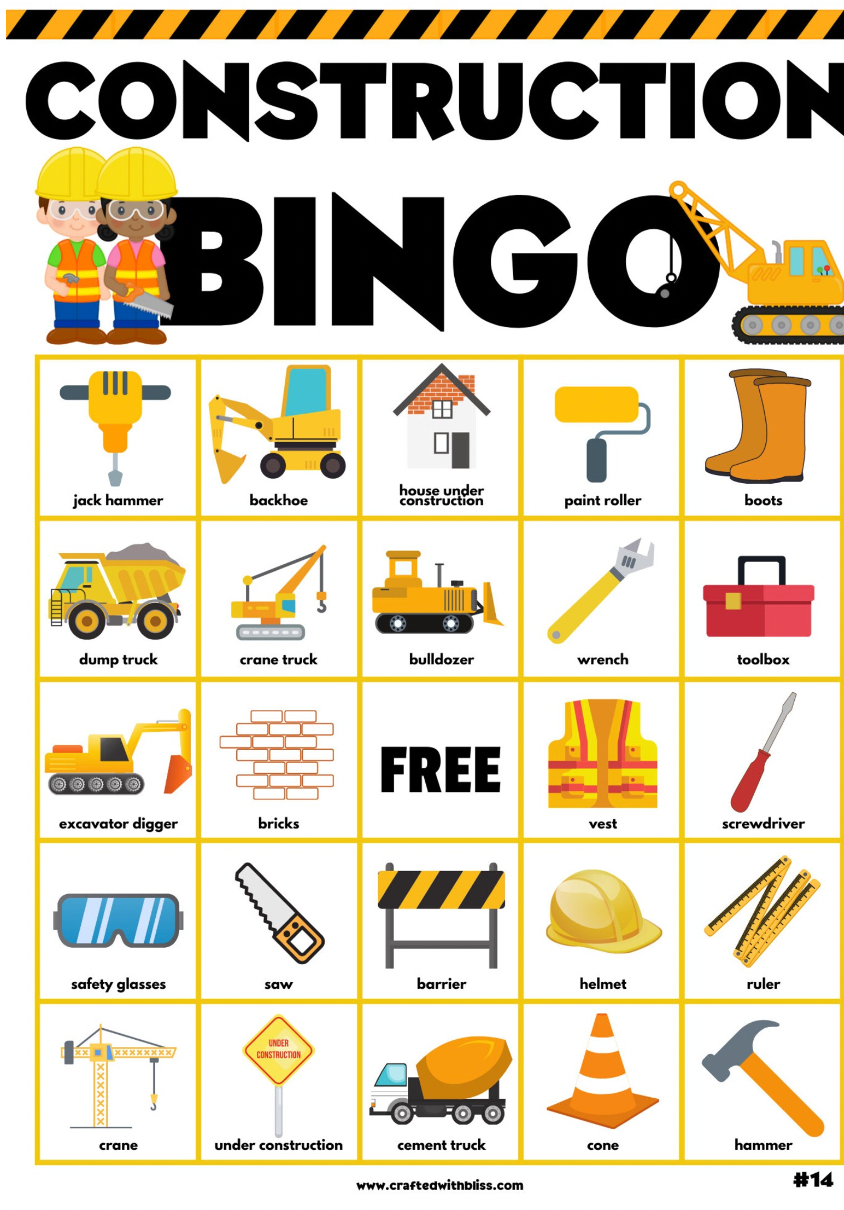Construction Bingo For Kids - 20 Cards