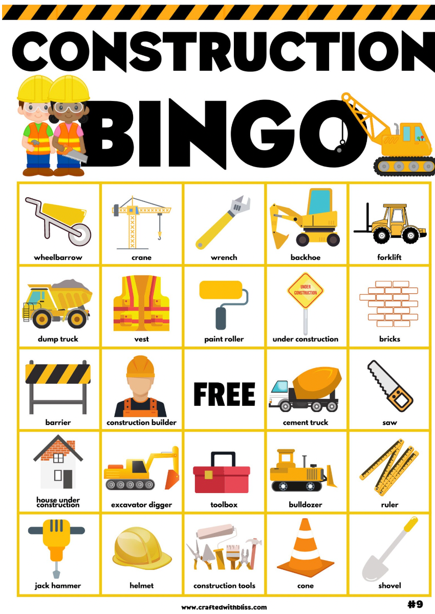 Construction Bingo For Kids - 20 Cards