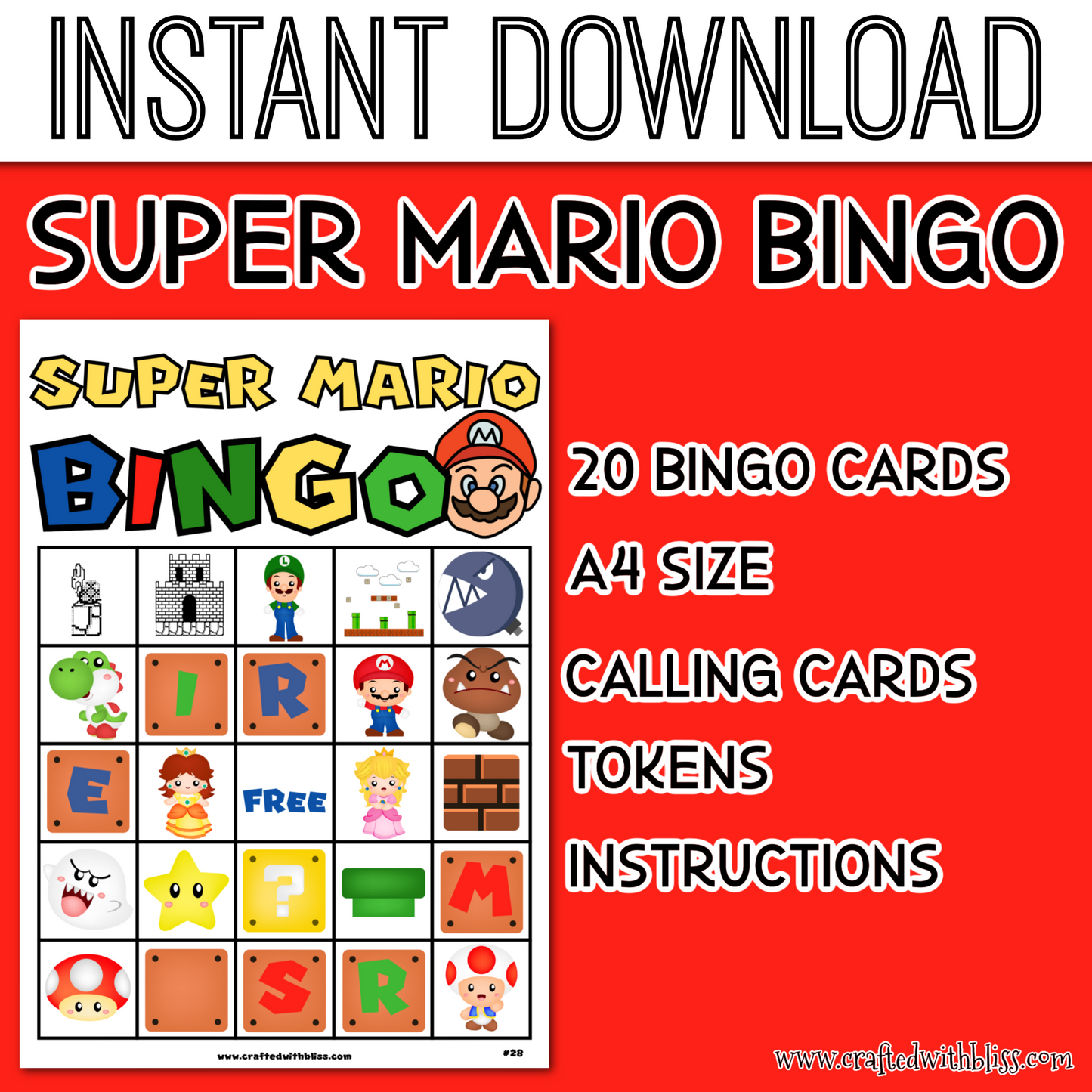 Super Mario BINGO For Kids - 20 Cards