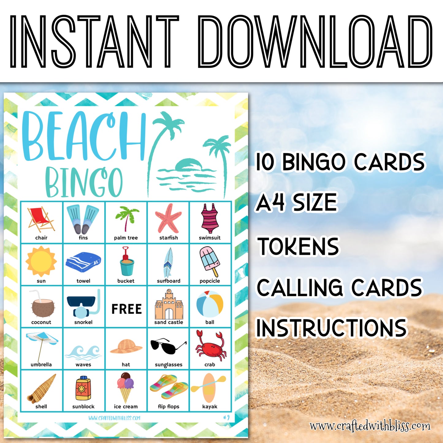 Beach Bingo For Kids - 10 Cards