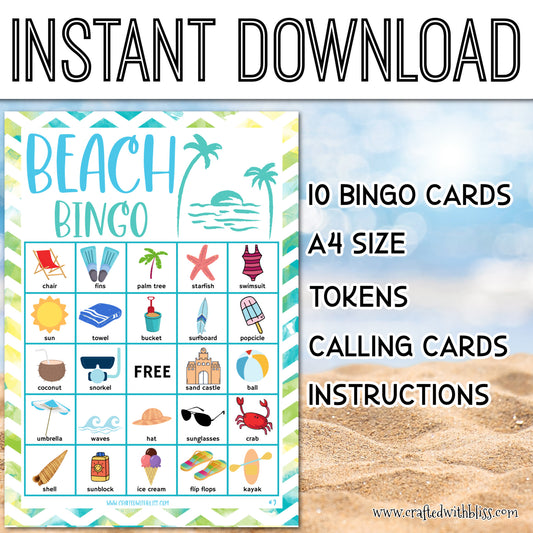 Beach Bingo For Kids - 10 Cards