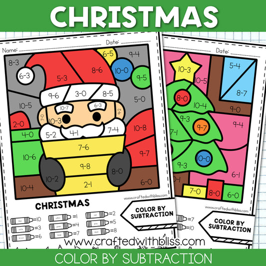 NO PREP Christmas Color By Subtraction Worksheet | Math Center