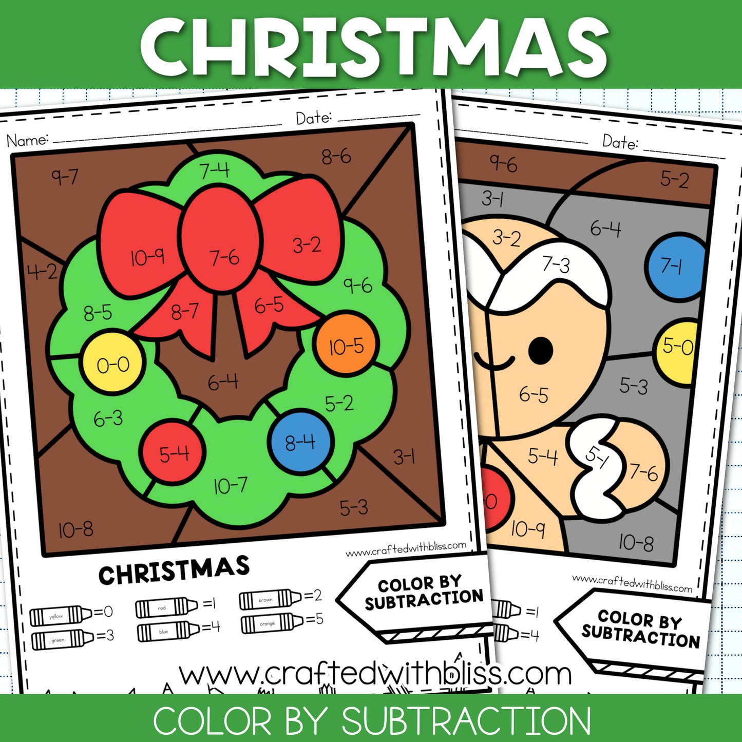 NO PREP Christmas Color By Subtraction Worksheet | Math Center