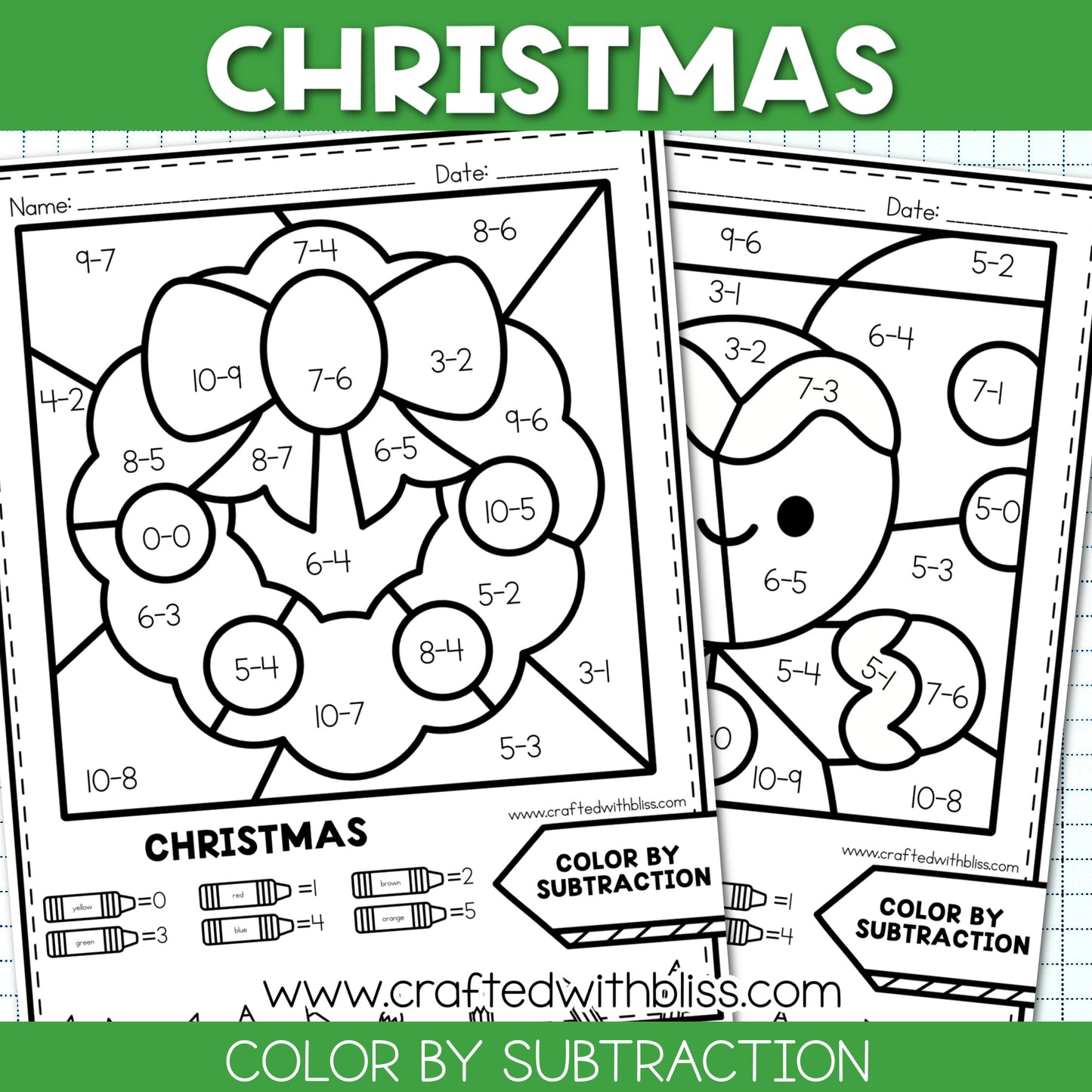 NO PREP Christmas Color By Subtraction Worksheet | Math Center
