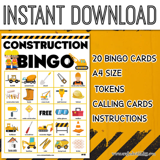 Construction Bingo For Kids - 20 Cards