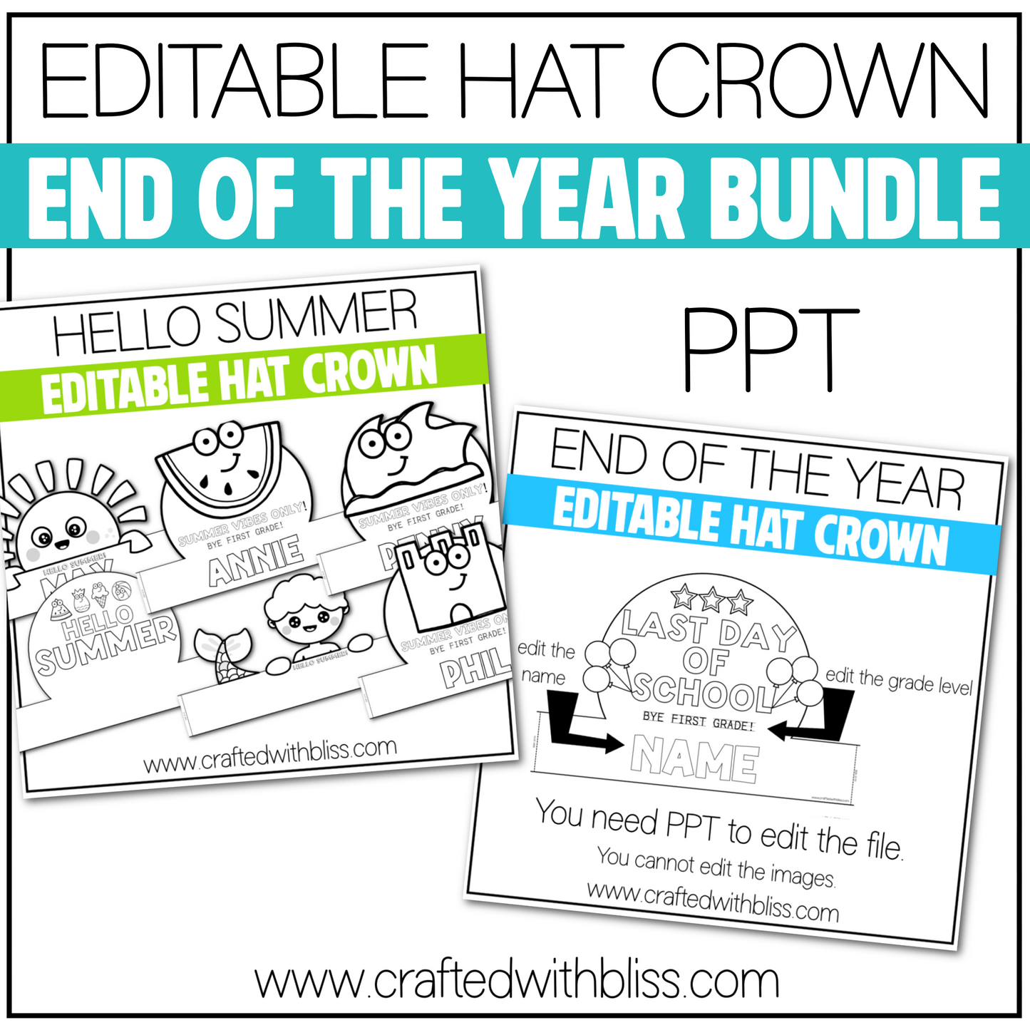 Editable Hat End of the Year and Summer Craft Crown Last Day Of School Bundle