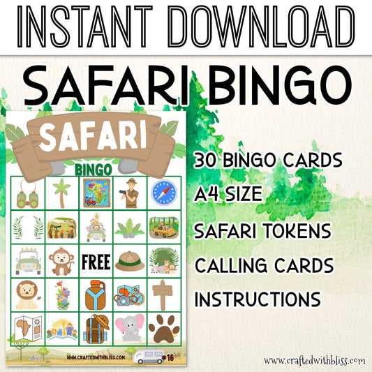 Safari Bingo For Kids - 30 Cards