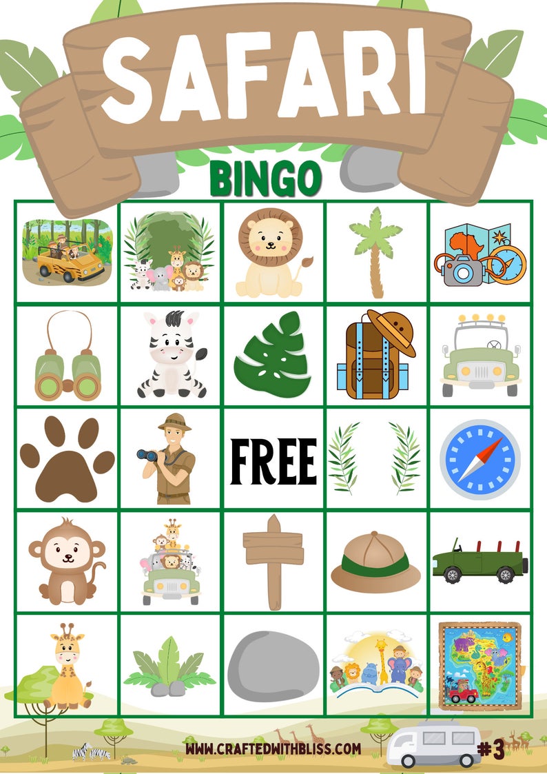 Safari Bingo For Kids - 30 Cards