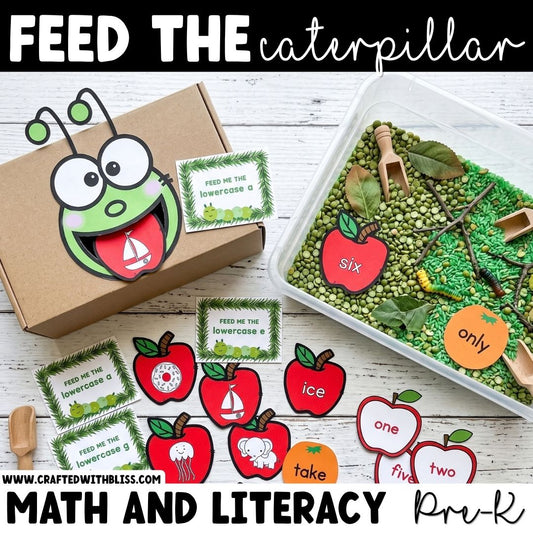 Feed the Caterpillar Theme Sensory Bin Literacy and Math Center