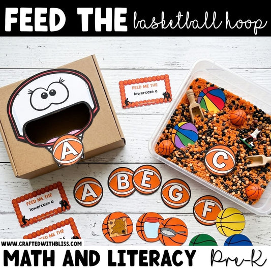 Feed the Basketball Theme Sensory Bin Literacy and Math Center