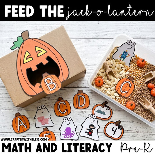 October Halloween Sensory Bin Feed the Jack-O-Lantern Phonics and Math Center