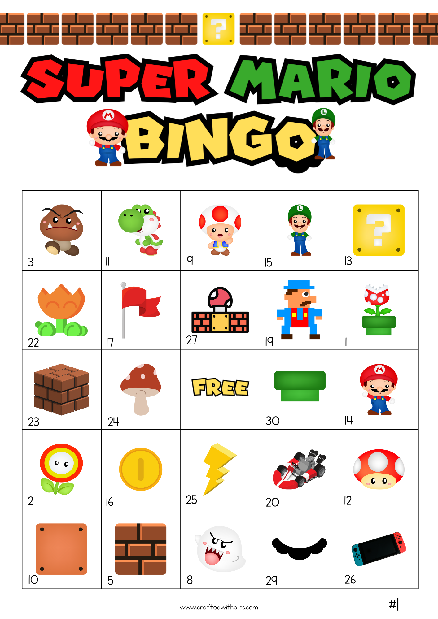 50 Super Mario Bingo Cards (5x5)