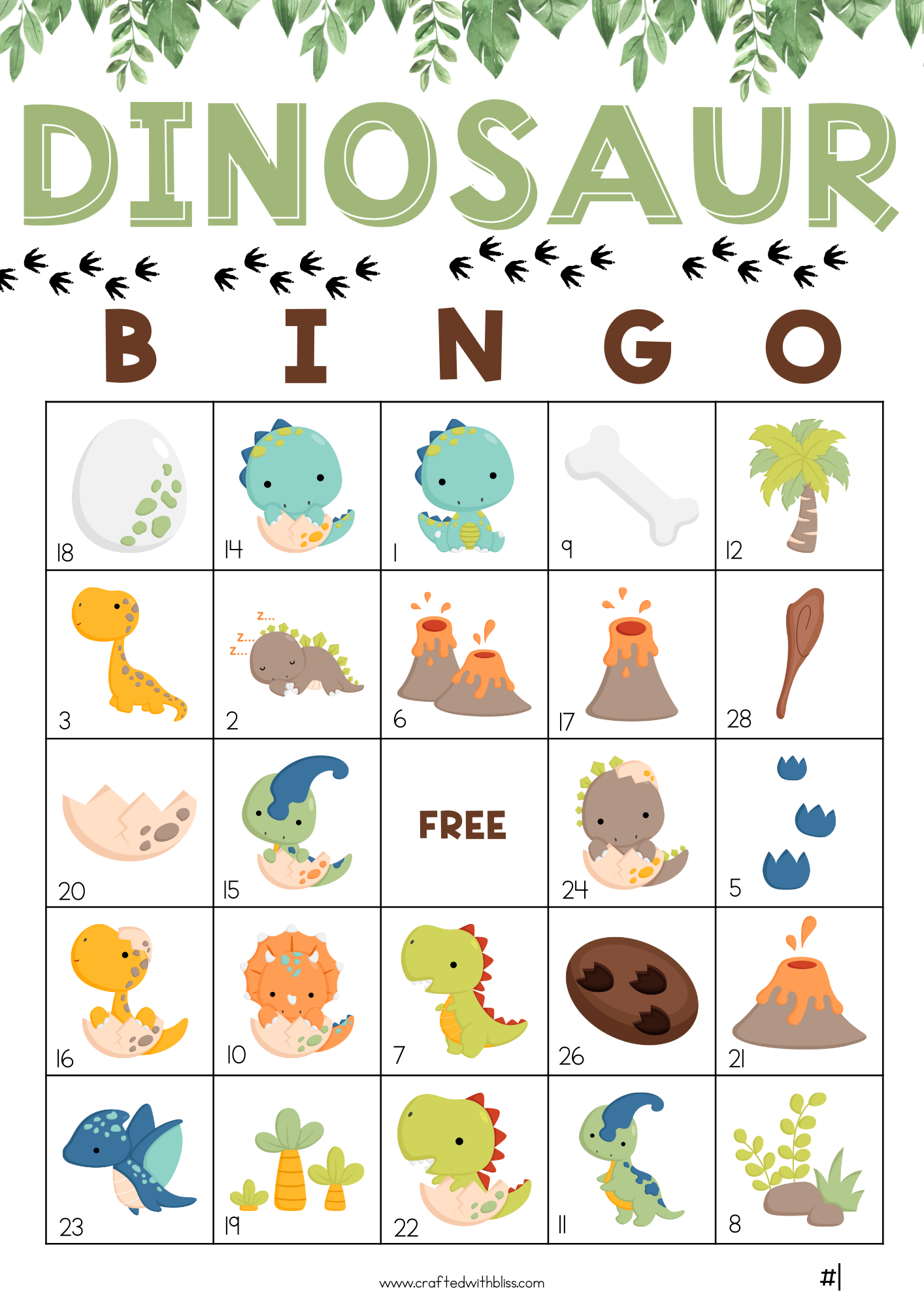 50 Dinosaur Bingo Cards (5x5)