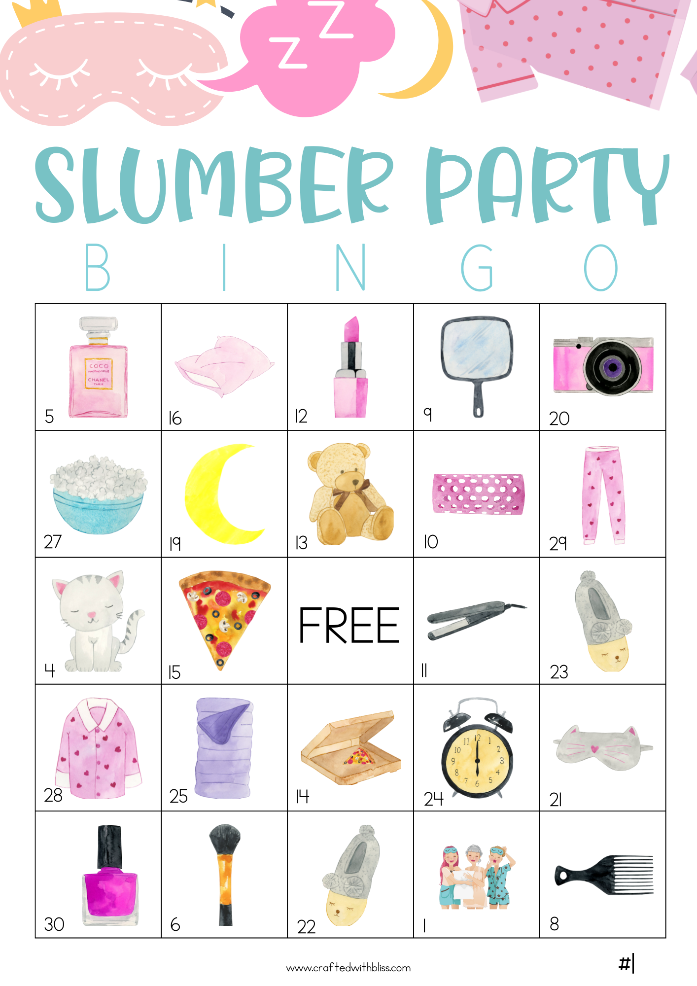 50 Slumber Party Bingo Cards (5x5)