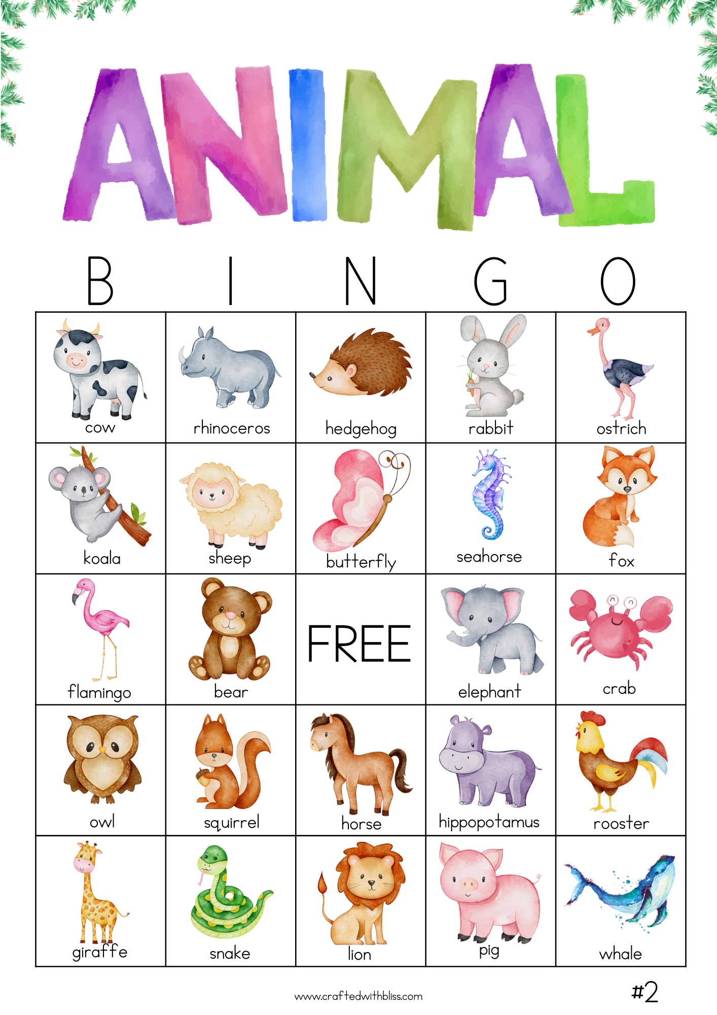 50 Watercolor Animal Bingo Cards (5x5)