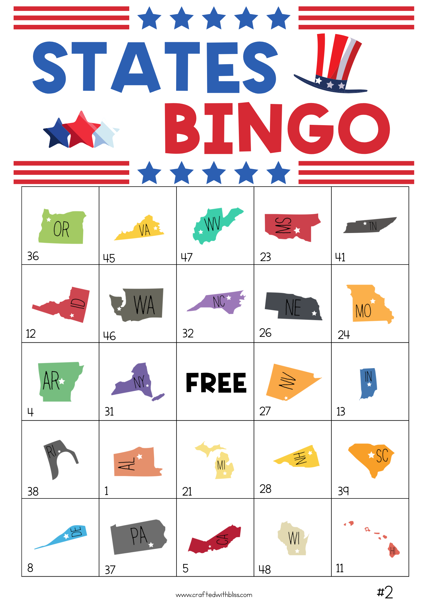 50 States Bingo Cards (5x5) 4th Of July Activity