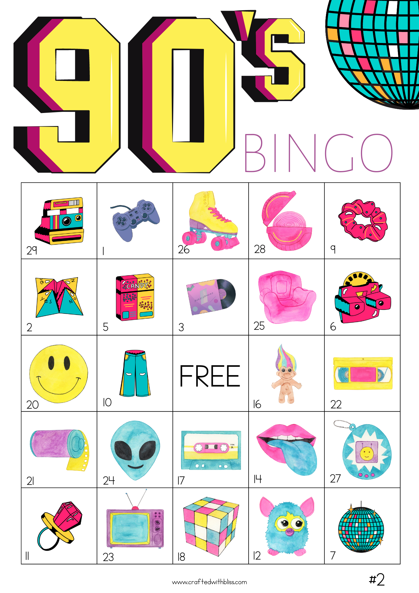 50 90's Theme Bingo Cards (5x5)