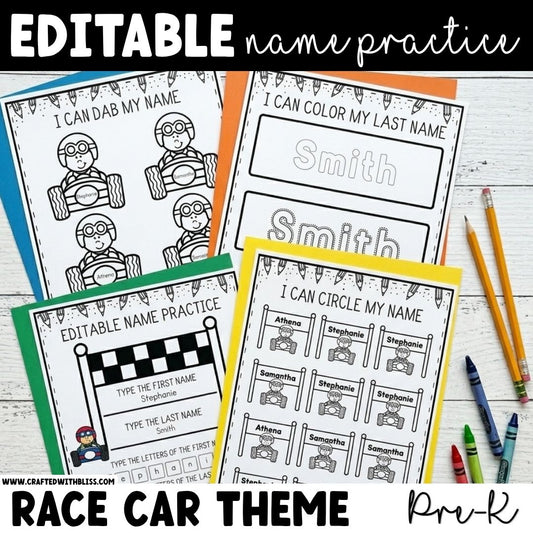 Editable Name Practice Printable Race Car Theme PreK Writing Center Life Skill