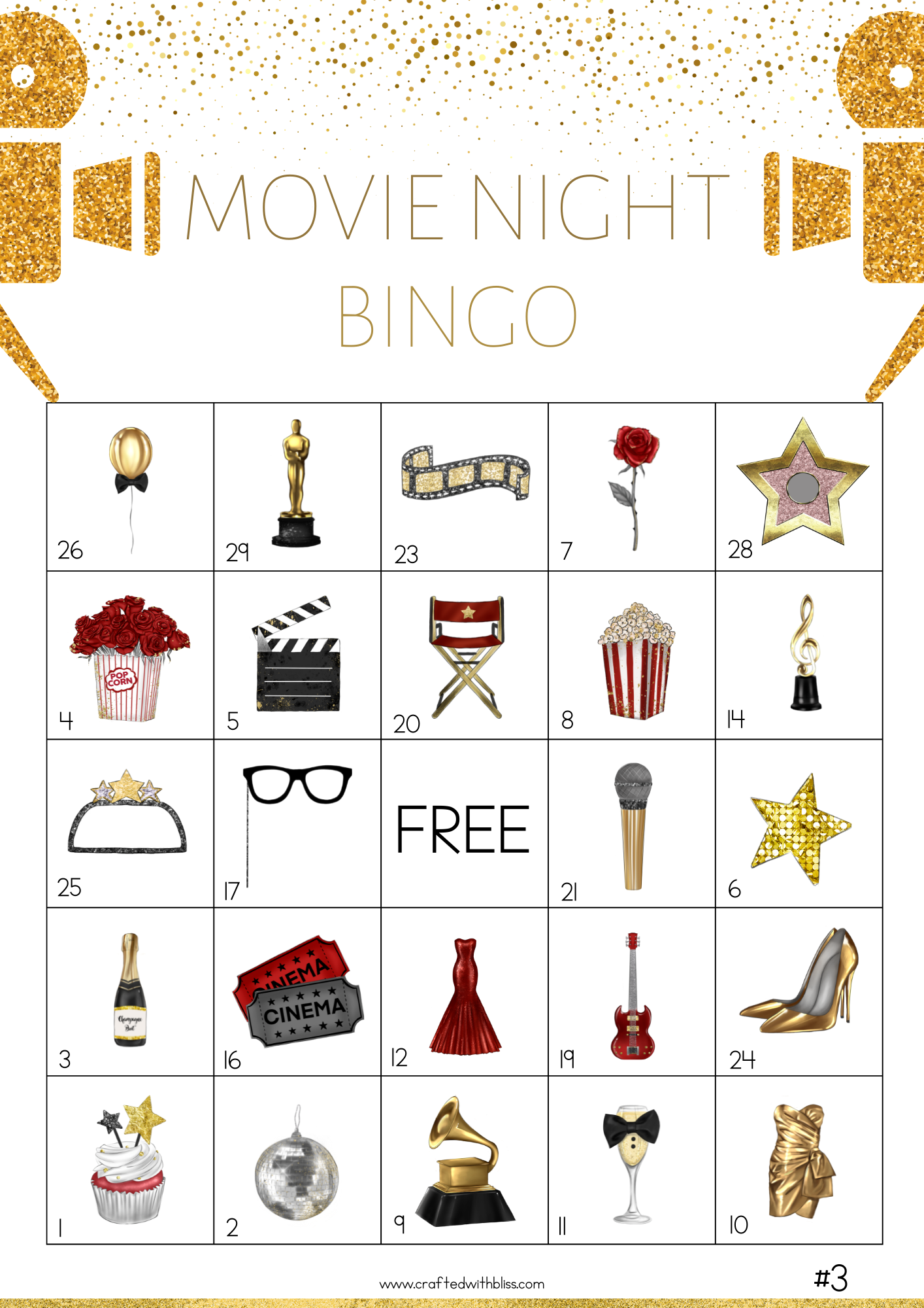 50 Movie Night Bingo Cards (5x5)
