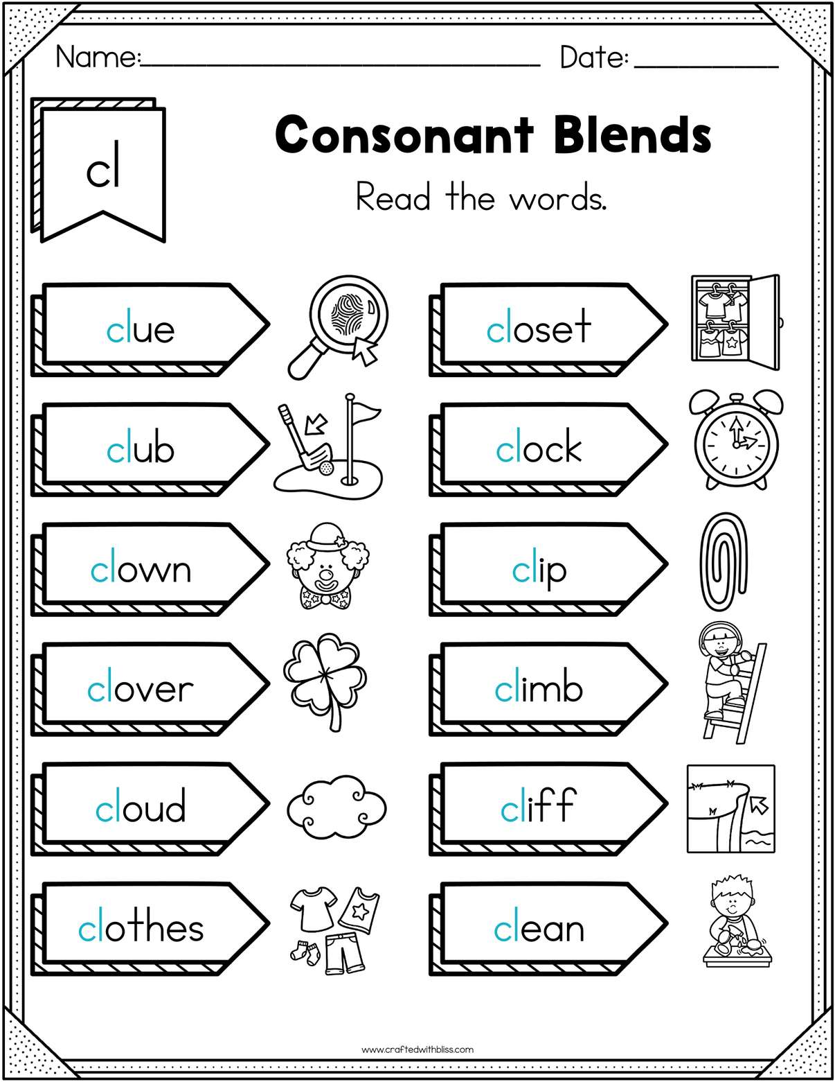 No Prep Cl Beginning Blend Phonics Worksheet - 25 Pages – Craftedwithbliss