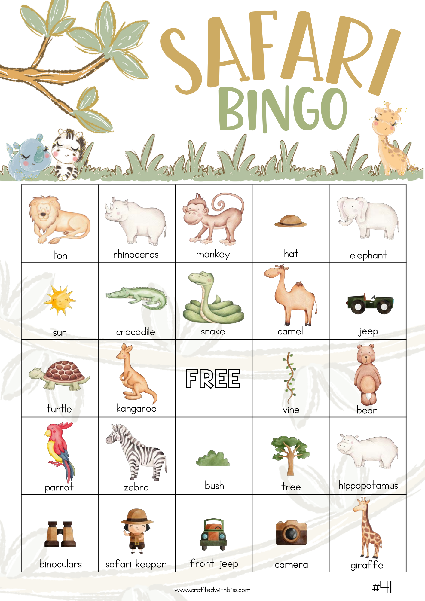 50 Safari Theme Bingo Cards (5x5)