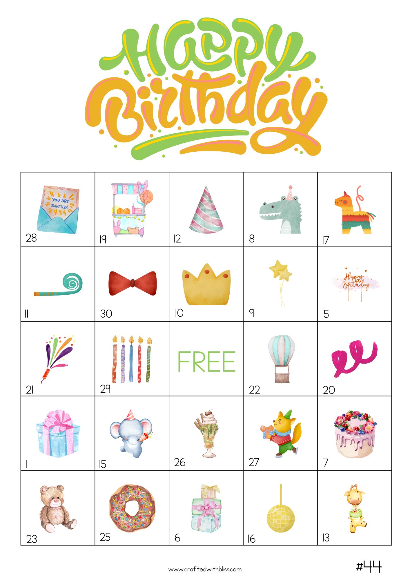 50 Watercolor Birthday Theme Bingo Cards (5x5)