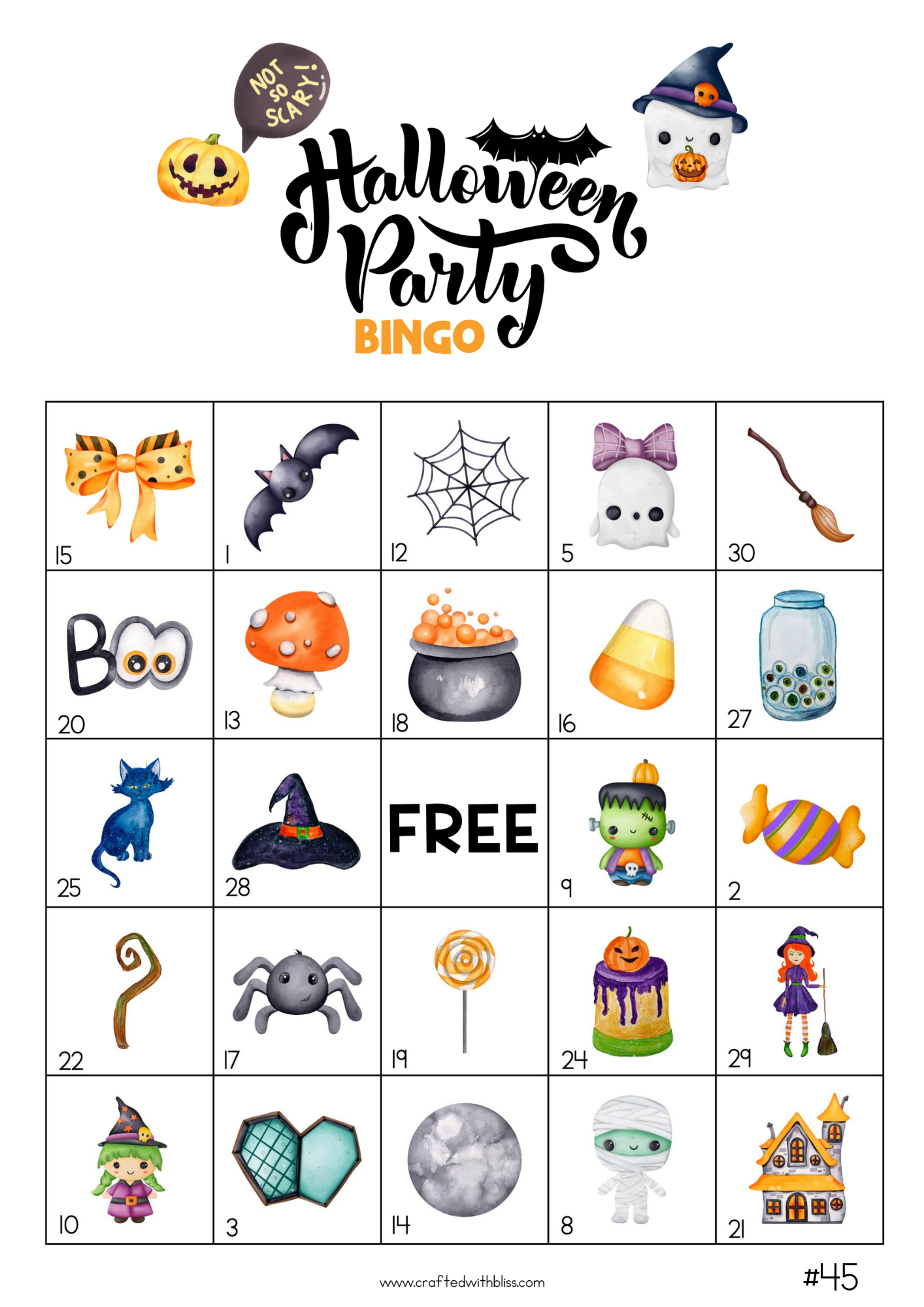 50 Watercolor Halloween Bingo Cards (5x5)