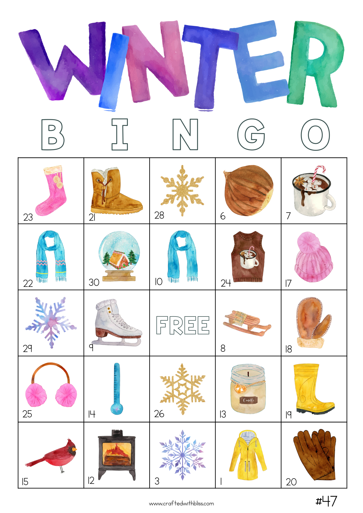 50 Winter Bingo Cards (5x5)