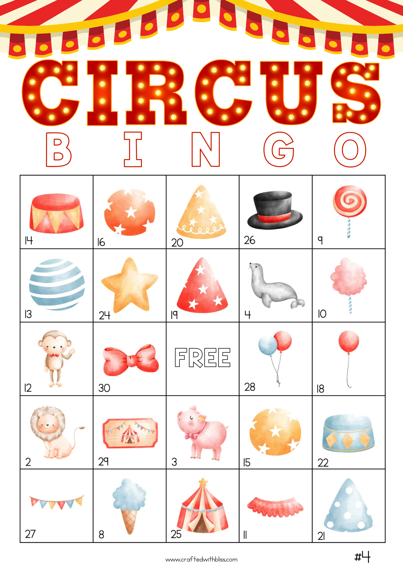 50 Circus Bingo Cards (5x5)