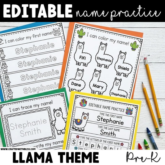 Editable Name Practice Printable Llama Theme PreK Writing Center Life Skill