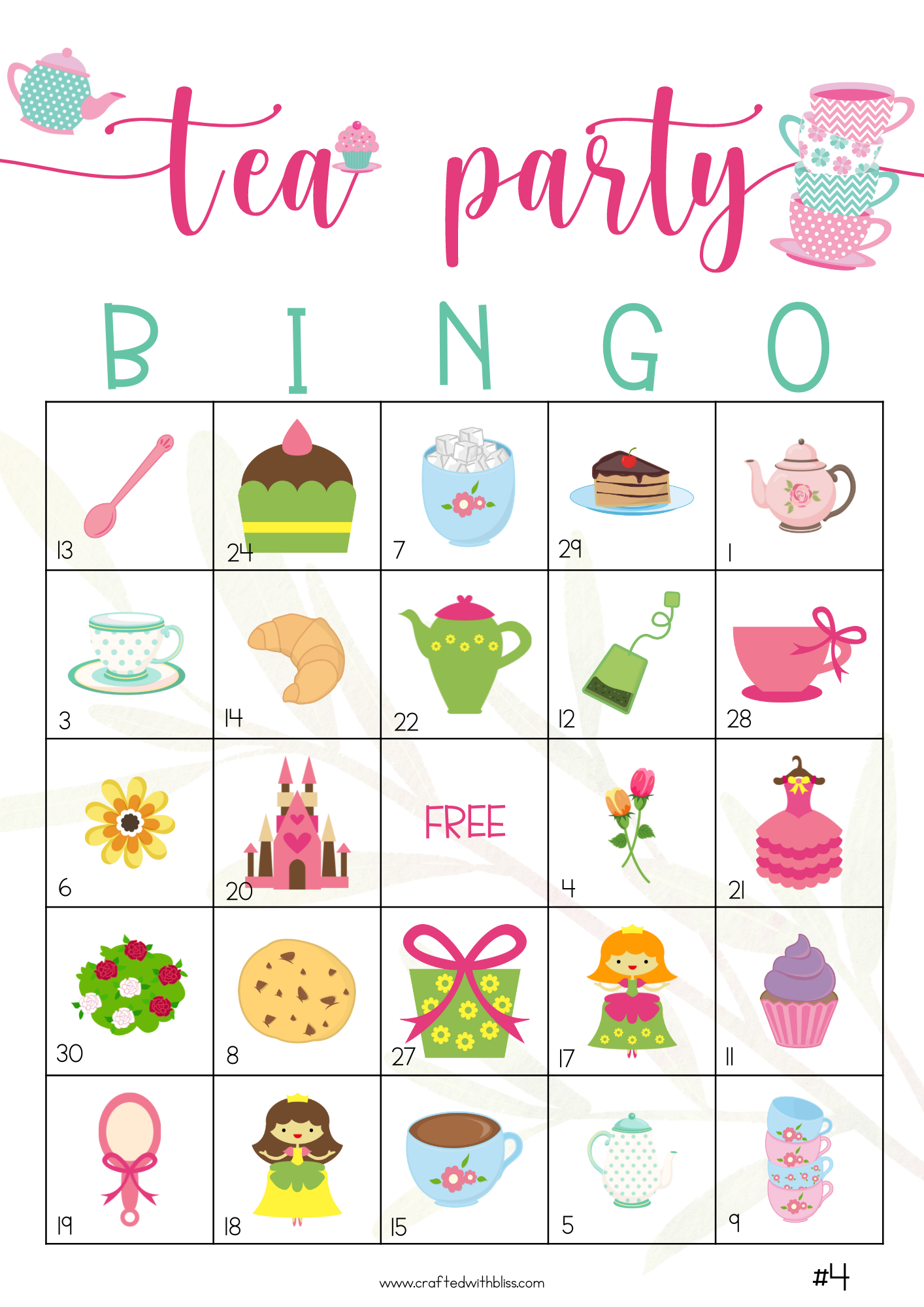 50 Tea Party Bingo Cards (5x5)