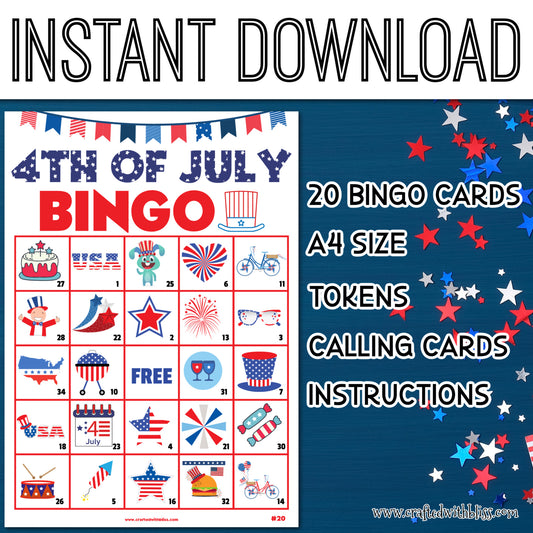 4th of July Bingo For Kids - 20 Cards