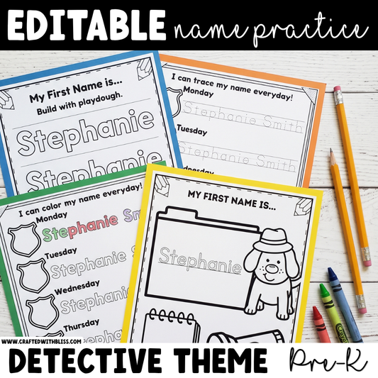 Editable Name Practice Printable Detective Theme PreK Writing Center Life Skill