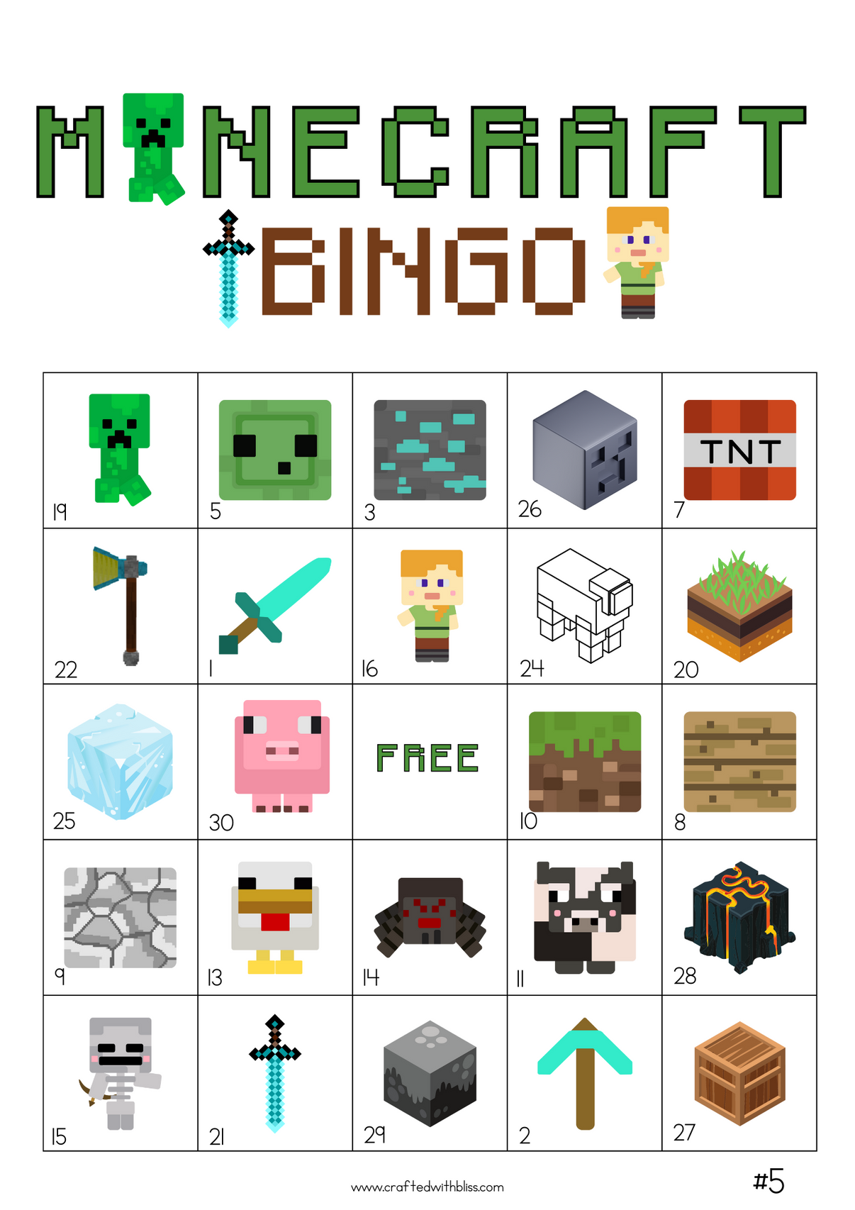 50 Minecraft Bingo Cards (5x5) – CraftedwithBliss