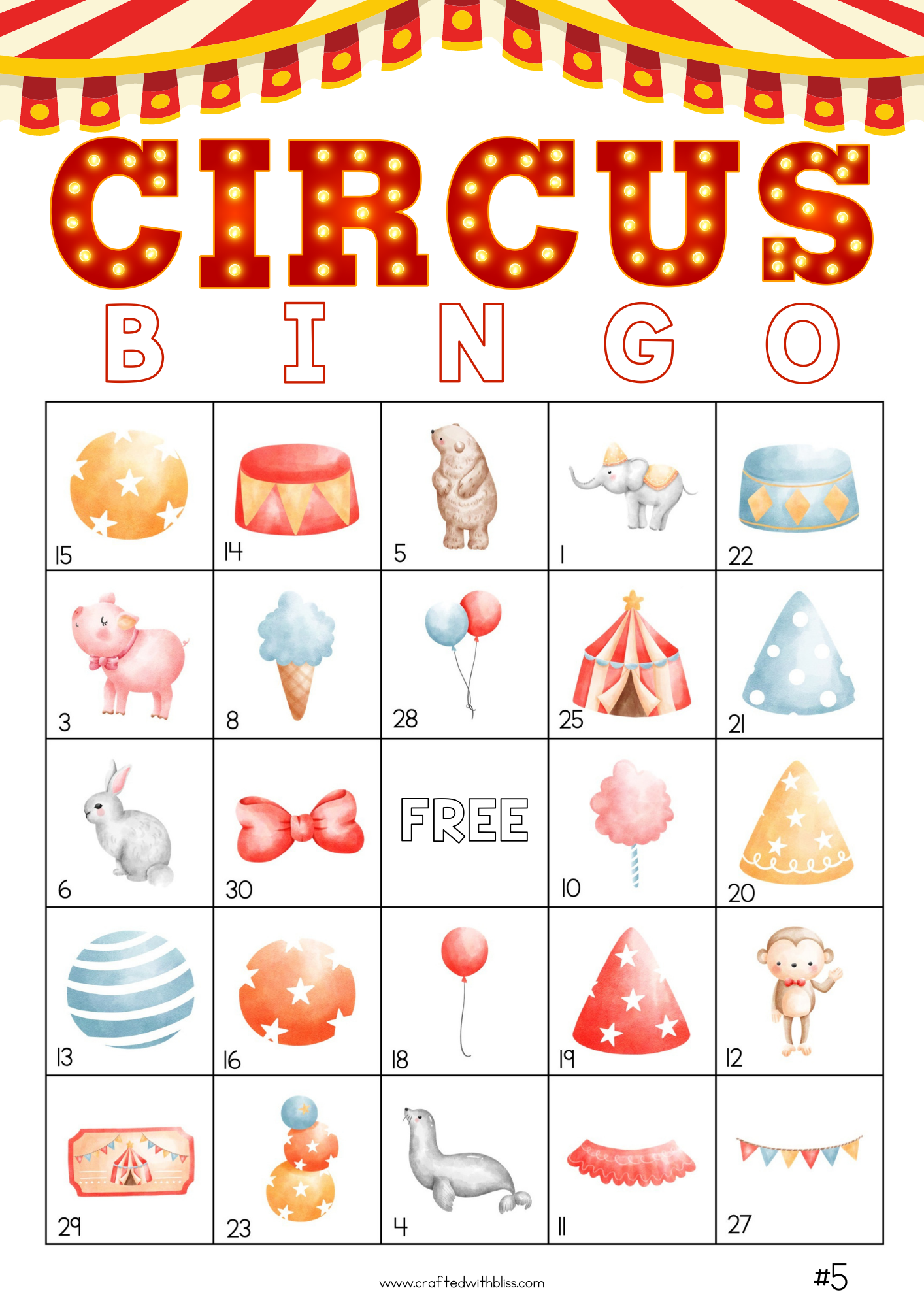 50 Circus Bingo Cards (5x5)