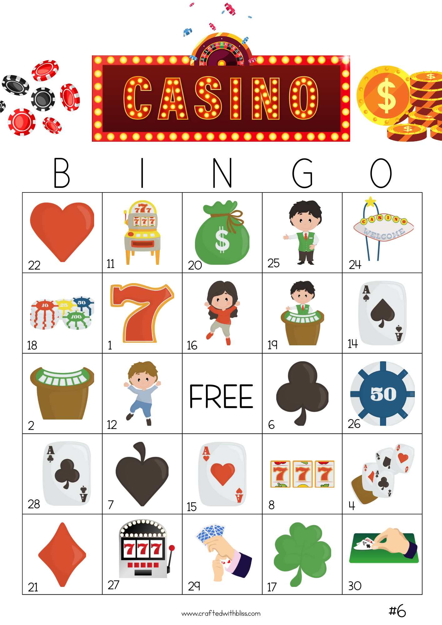 50 Casino Theme Bingo Cards (5x5)